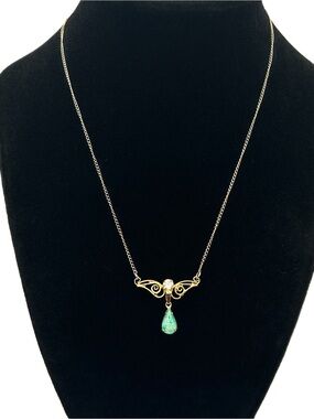 Vintage 12K Gold Filled Filigree Lavalier Necklace with Faux Jade Glass Drop